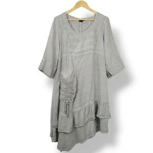 Grizas 100% Linen Asymmetrical Ruffle Hem Tunic/Dress in Light Gray Size Large
